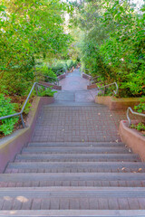High angle view of stairs with red concrete block steps at San Francisco, California