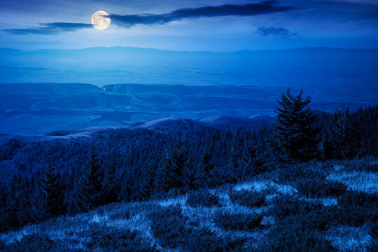 mountain landscape with forested hill at night. arieseni mountains of romania in full moon light. travel back country concept
