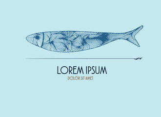 Ilustración del vector de pez, sardina. Logo para empresa, restaurante, pescadería...
