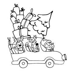 Santa Claus rides in a car or bus with reindeer and carries many gifts and a spruce upstairs. Deer are happy. Vector black line drawing in doodle style isolated on white background.