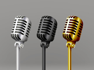 3d realistic vector icon. Set of music microphones, vintage old style in silver, black and gold. Isolated on white background.