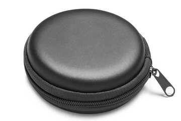 Black round pouch with a zipper, isolated on white background