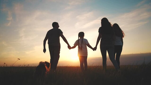 people in the park. silhouette of a big happy family on a walk with a dog at sunset in a field in nature. happy family kid dream concept. big friendly family walks at lifestyle sunset in the park