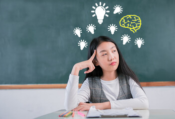 Asian girl student thinking answer in classroom she is brainstorming idea, Kid study with formula from many different subjects, studnet learning education concept.