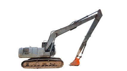 Old gray excavator with orange scoop in construction site isolated on white background. With clipping path