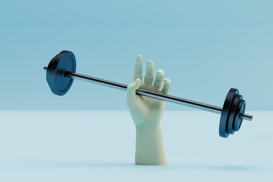 sports. lifting the barbell with one hand. barbell in the hand of a European on a blue background. 3d render. 3d illustration