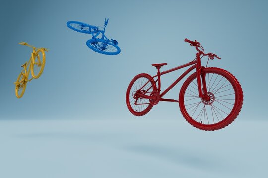 cycling. patterns of multi-colored bicycles flying over a blue background. 3d render. 3d illustration