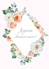 Joyeux anniversaire!, carte de voeux joyeux anniversaire sur french, fleurs, conception imprimable de pivoine, Happy Birthday in French lettering, vintage,chabby chic,  illustration watercolor flowers