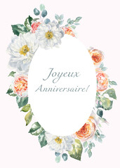 Joyeux anniversaire!, carte de voeux joyeux anniversaire sur french, fleurs, conception imprimable de pivoine, Happy Birthday in French lettering, vintage,chabby chic,  illustration watercolor flowers