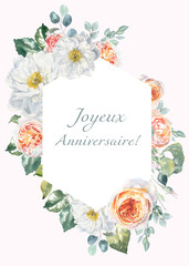 Joyeux anniversaire!, carte de voeux joyeux anniversaire sur french, fleurs, conception imprimable de pivoine, Happy Birthday in French lettering, vintage,chabby chic,  illustration watercolor flowers