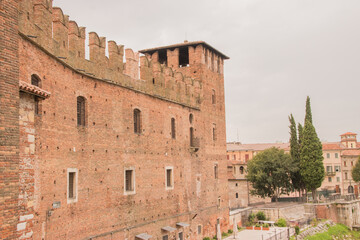 Fototapeta premium Castelvecchio Museum in the old town of Verona during autumn. Taken in Verona, Italy, October 4.2021.