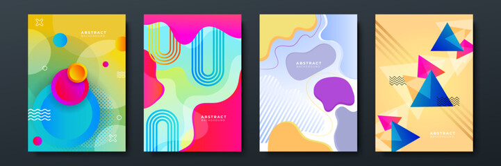 Abstract geometric pattern background with line texture for business brochure cover design. Gradient Pink, orange, purple, blue and green vector banner poster template