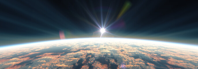 Earth sunrise from space over cloudy ocean. 3d rendering © aleksandar nakovski