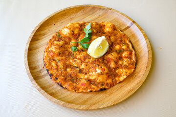 Turkish foods ; Turkish pizza -Lahmacun. Urfa  bol acili lahmacun. Kasarli lahmacun.