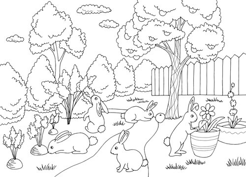 Rabbit in garden graphic black white sketch landscape illustration vector