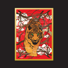 tiger illustration with japanese style background
