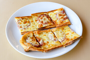 Kiymali pide. Turkish pide with minced meat. Turkish pizza mince pita Pide on white background. Etli ekmek. Kusbasi kasarli pide.