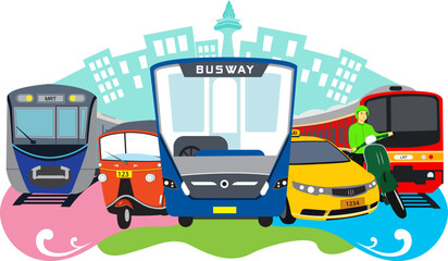 Illustration of public transportation in the city of Jakarta with various types of vehicles