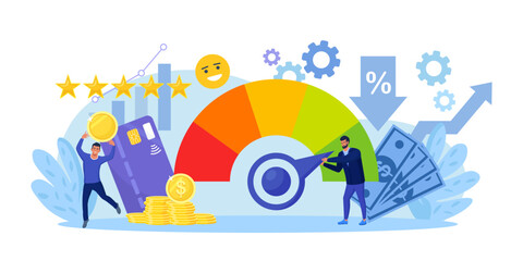 Fototapeta premium Credit score. Businessman pushing speedometer scale arrow changing credit history from poor to good. Payment history data meter. Bank analysts evaluating ability of prospective debtor to pay the debt