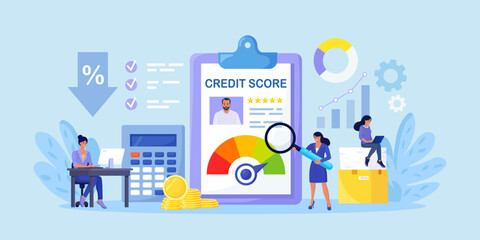 Fototapeta na wymiar Credit score, rating. Women examining client creditworthiness report with credit history . Bank analysts evaluating ability of prospective debtor to pay debt. Payment history data meter. Loan, mortage