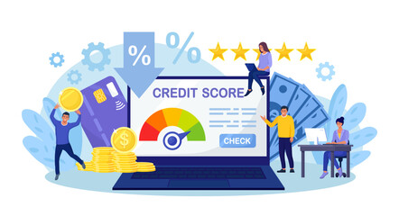 Fototapeta na wymiar Credit score, rating. People examining client creditworthiness report with credit history . Bank analysts evaluating ability of prospective debtor to pay debt. Payment history data meter. Loan mortage