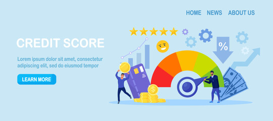 Credit score. Businessman pushing speedometer scale arrow changing credit history from poor to good. Payment history data meter. Bank analysts evaluating ability of prospective debtor to pay the debt
