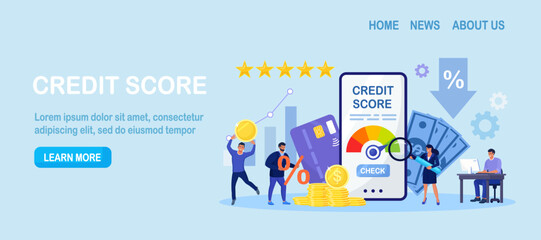 Credit score, rating. People examining client creditworthiness report with credit history . Bank analysts evaluating ability of prospective debtor to pay debt. Payment history data meter. Loan mortage