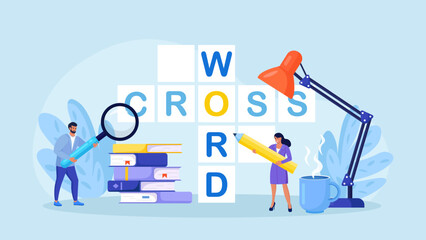 People Solve Huge Crossword Filling Empty Boxes with Letters. Tiny Characters with Pencil Solve Puzzle. Brain Training, Logic Game. Woman and Man Thinking on Riddle. Spare Time Recreation
