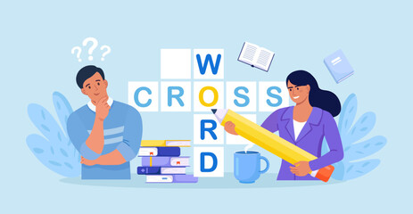 People Solve Huge Crossword Filling Empty Boxes with Letters. Tiny Characters with Pencil Solve Puzzle. Brain Training, Logic Game. Woman and Man Thinking on Riddle. Spare Time Recreation