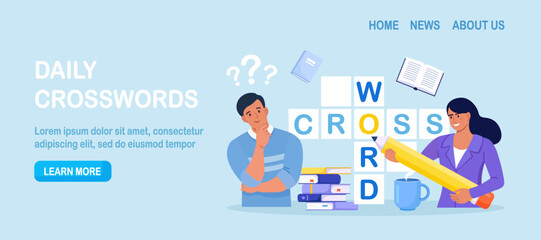 People Solve Huge Crossword Filling Empty Boxes with Letters. Tiny Characters with Pencil Solve Puzzle. Brain Training, Logic Game. Woman and Man Thinking on Riddle. Spare Time Recreation