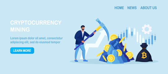 Man holding pickaxe to get crypto coins in rock, mountain. Mining crypto, Cryptocurrency mining farms. People trading and investing in cryptocurrencies. Digital web money. Blockchain. Vector design