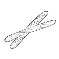 Italian bread grissini. Vector outline illustration in doodle style for cafe and bakery menu or logo, label and bread packaging. Crispy sticks covered with sesam seeds and salt.