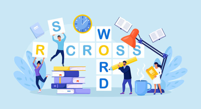 People Solve Huge Crossword Filling Empty Boxes with Letters. Tiny Characters with Pencil Solve Puzzle. Brain Training, Logic Game. Woman and Man Thinking on Riddle. Spare Time Recreation