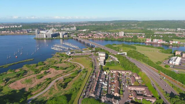 Cardiff, UK: Aerial view of capital city of Wales, coastal area around Cardiff Bay - landscape panorama of United Kingdom from above