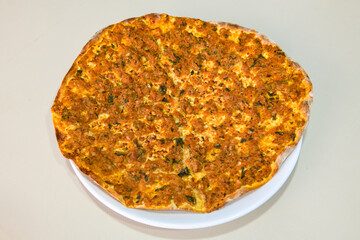 Kiymali pide. Turkish pide with minced meat. Turkish pizza mince pita Pide on white background. Etli ekmek. Kusbasi kasarli pide.