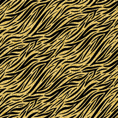 Gold zebra skin imitation, animalistic seamless pattern black gold shimmer shiny wild background for design