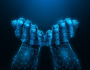 Open hands palms raised up, hand gesture polygonal vector illustration on a dark blue background. Hands holding or giving something. Pray or begging concept artwork.