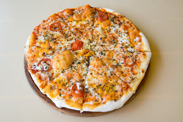 Delicious mixed pizza with rich content. Menu concept of choice and diversity. Pepperoni, Formaggi, Veggie, Karisik pizza