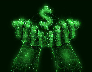 Hands holding dollar symbol polygonal vector illustration on dark background. Concept of investing or saving money. Business and finance template, banner or background.