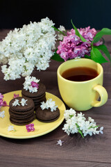 Cozy chocolate chip cookie tea party, cute vertical photo