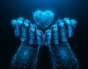 Hands holding heart symbol polygonal vector illustration on dark blue background. Love or charity concept, giving love artwork. Heart transplant, organ donation concept low poly design.