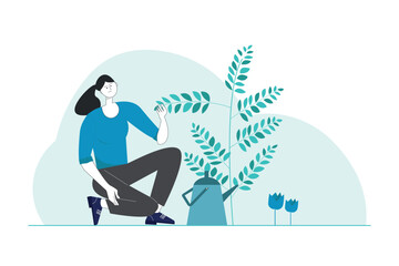 Young woman planting tree and taking care of plants ,watering plants   flat cartoon vector illustration.