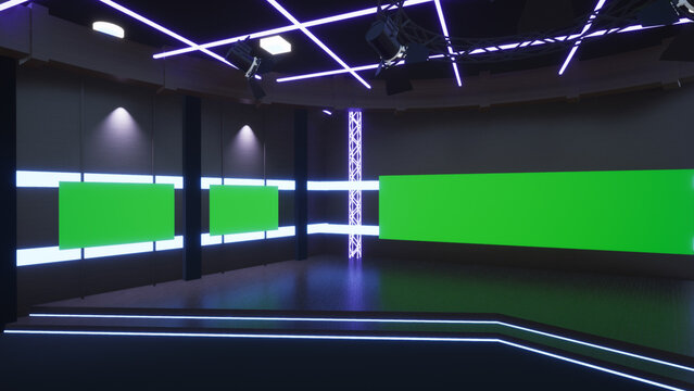 virtual studio set with green screen shot 3d illustration
