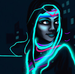 Cyberpunk girl in neon world illustration. Fantastic future concept art. Glow woman portrait in fantasy style