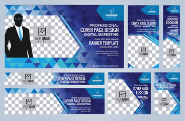 Set of Blue and Black Web banners templates, Coverpage Standard sizes with space. Vector illustration