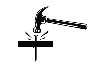 Hammer hitting a nail, carpenters hammer striking metal nail vector illustration, carpentry symbol