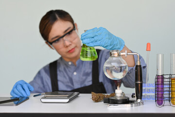 Scientist or Researcher observed changes in science flask after science experiment with dried marijuana or cannabis flower, Cannabis study process, Legal use of marijuana for medical and recreation.
