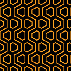 Abstract seamless lattice pattern. Hexagonal lattice pattern. Orange lines, isolated on black baclground.