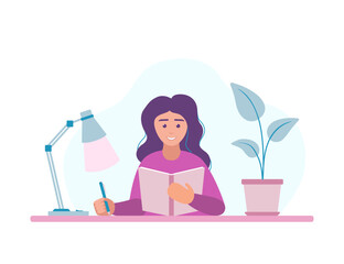 Woman reading book. Female charachter studying. Education at home. Vector illustration