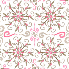 Abstract Watercolor Seamless Illustration Mandala Kaleidoscope. Pattern with Natural Motif Leaves and Flowers. Ceramic tile. Design for ceramic tiles. Seamless geometric ornament.